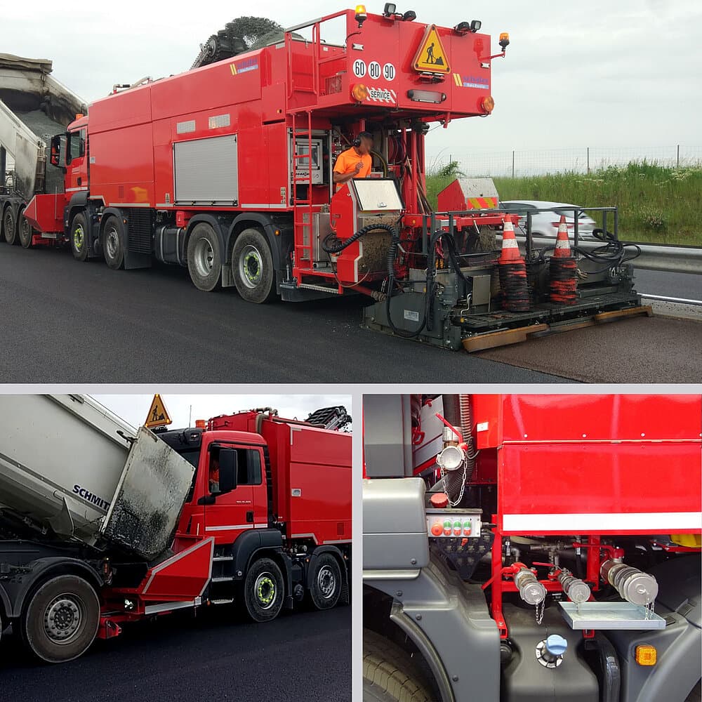 Schaefer SM8000SL microsurfacing machine shown mixing and spreading road material, with front aggregate loading and a rear spreading box. Reference equipment photograph.