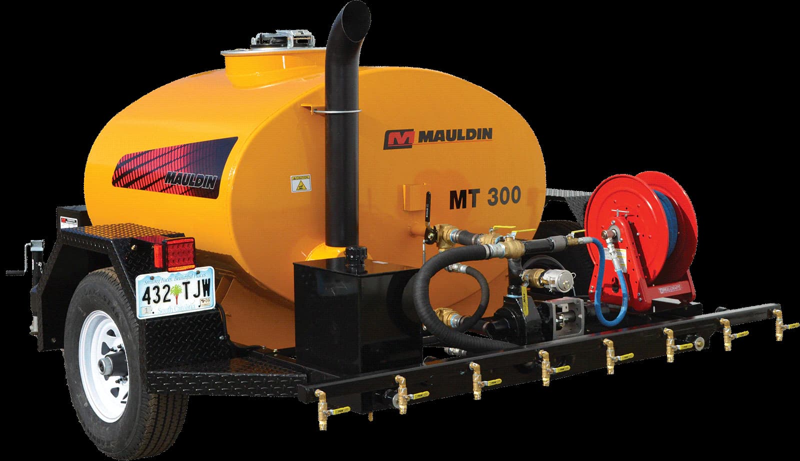 Mauldin MT300 trailer asphalt distributor with a heated tank, hose reel and rear spray bar. Reference equipment photograph.