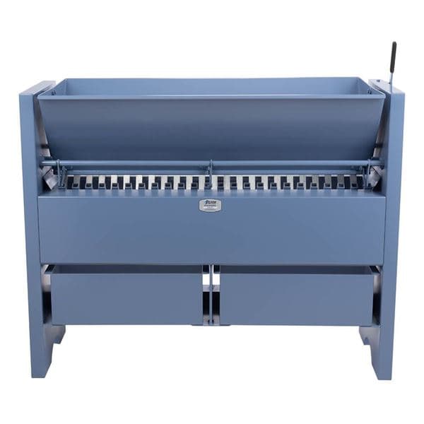 Blue sample splitter with an adjustable chute arrangement, release hopper and collection sections. Reference equipment photograph.