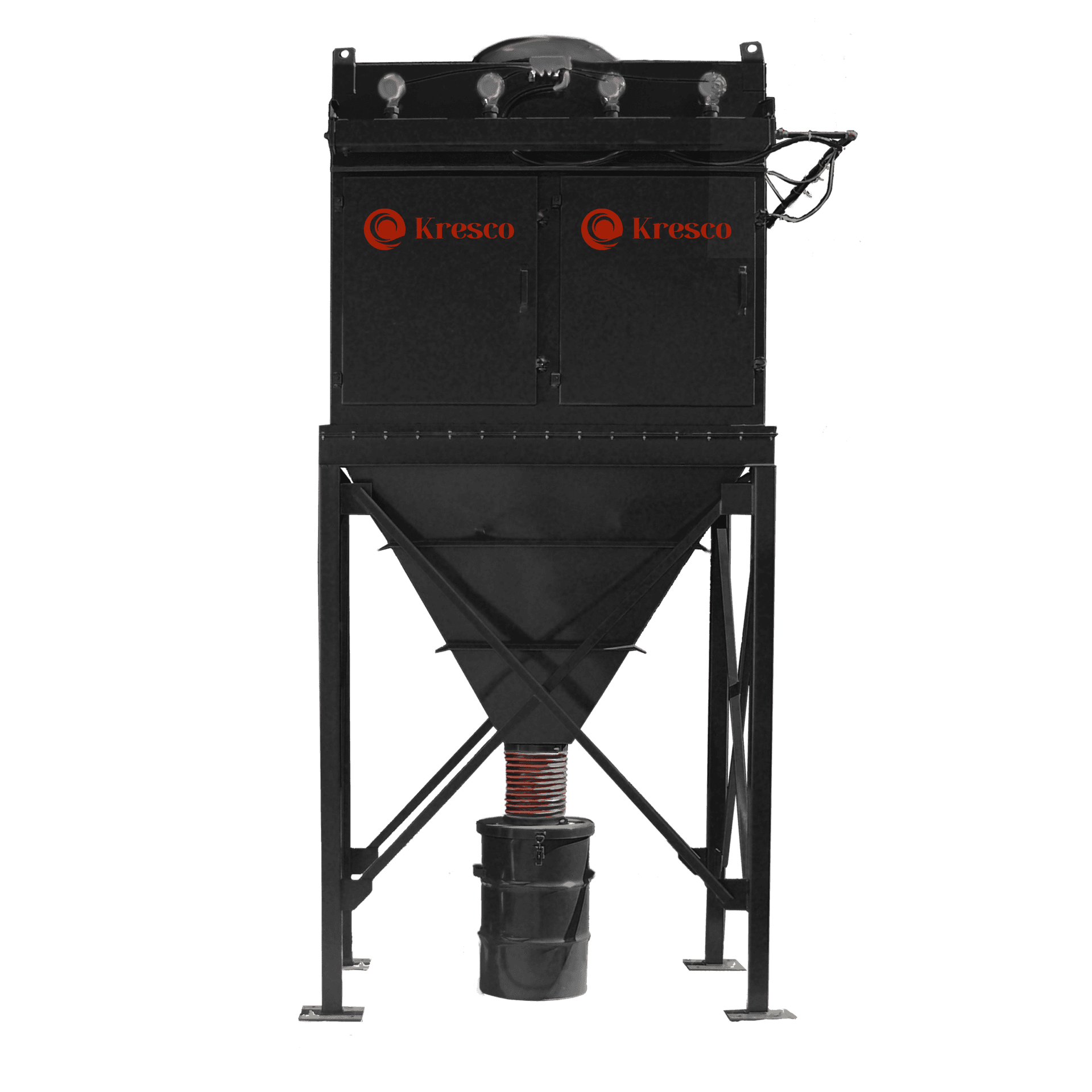 Kresco cartridge dust collector with hopper and collection drum. Reference equipment photograph.