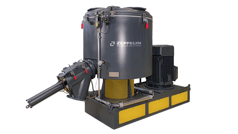 Zeppelin High Intensity Mixer FM with an upright powder mixing vessel, drive and side discharge assembly. Reference equipment photograph.