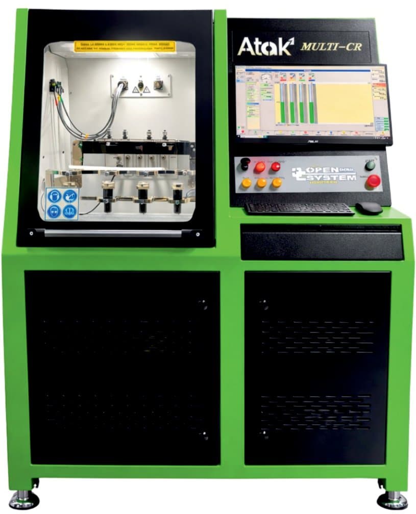 ATAK MULTI-CR test cabinet with injector measurement chamber and control display. Reference equipment photograph.