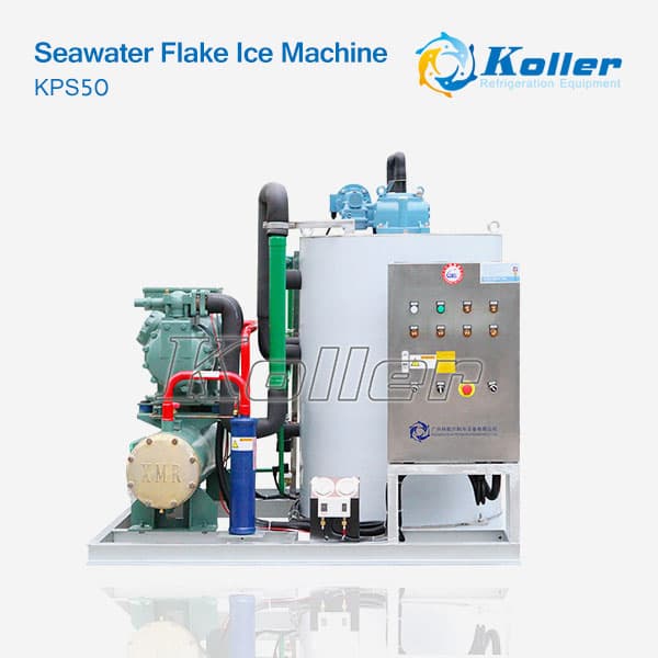 Koller KPS50 marine seawater flake ice machine with refrigeration components. Reference equipment photograph.