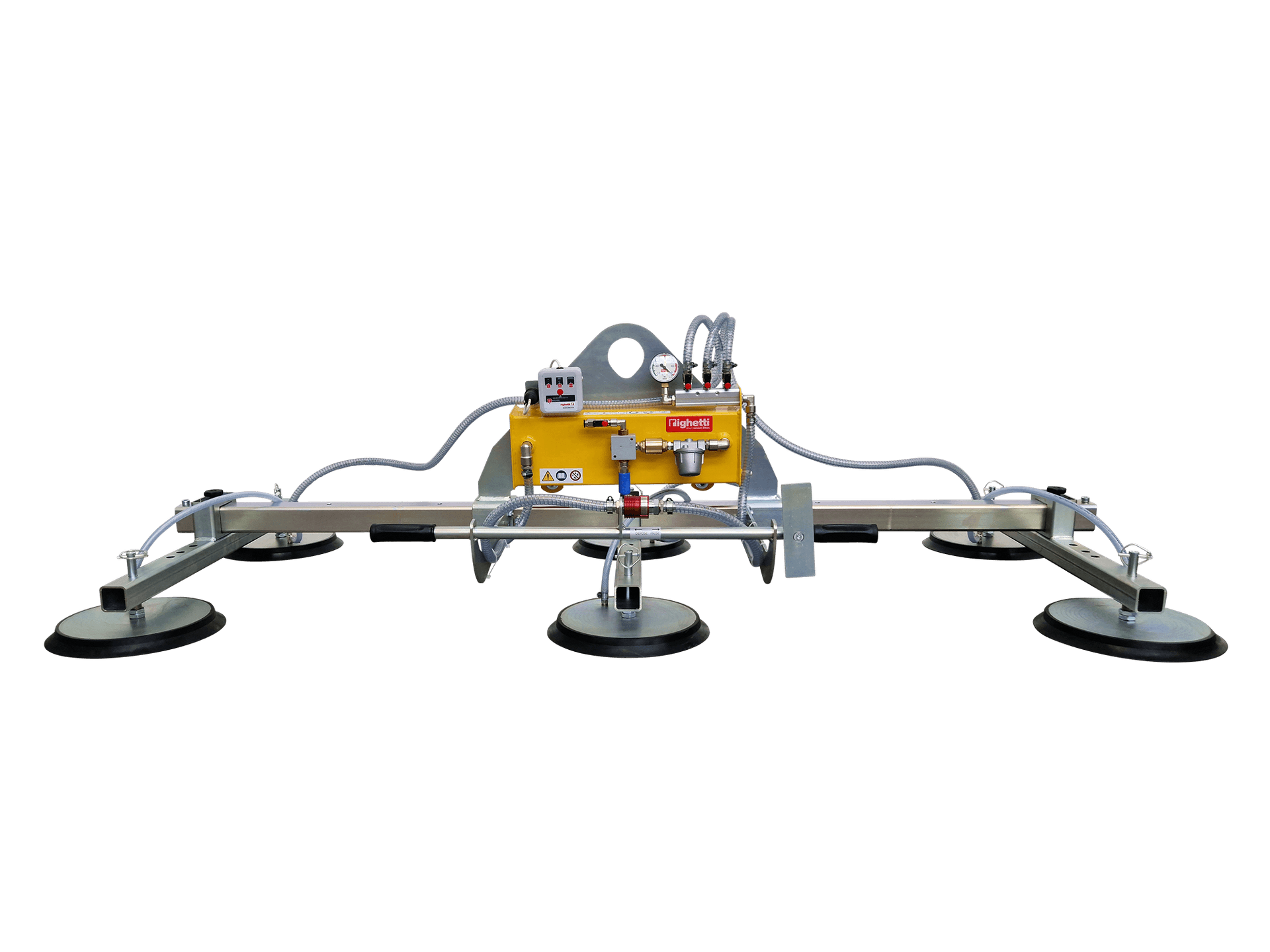 Righetti F6 six-pad sheet vacuum lifter with metal spreader frame. Manufacturer product illustration.