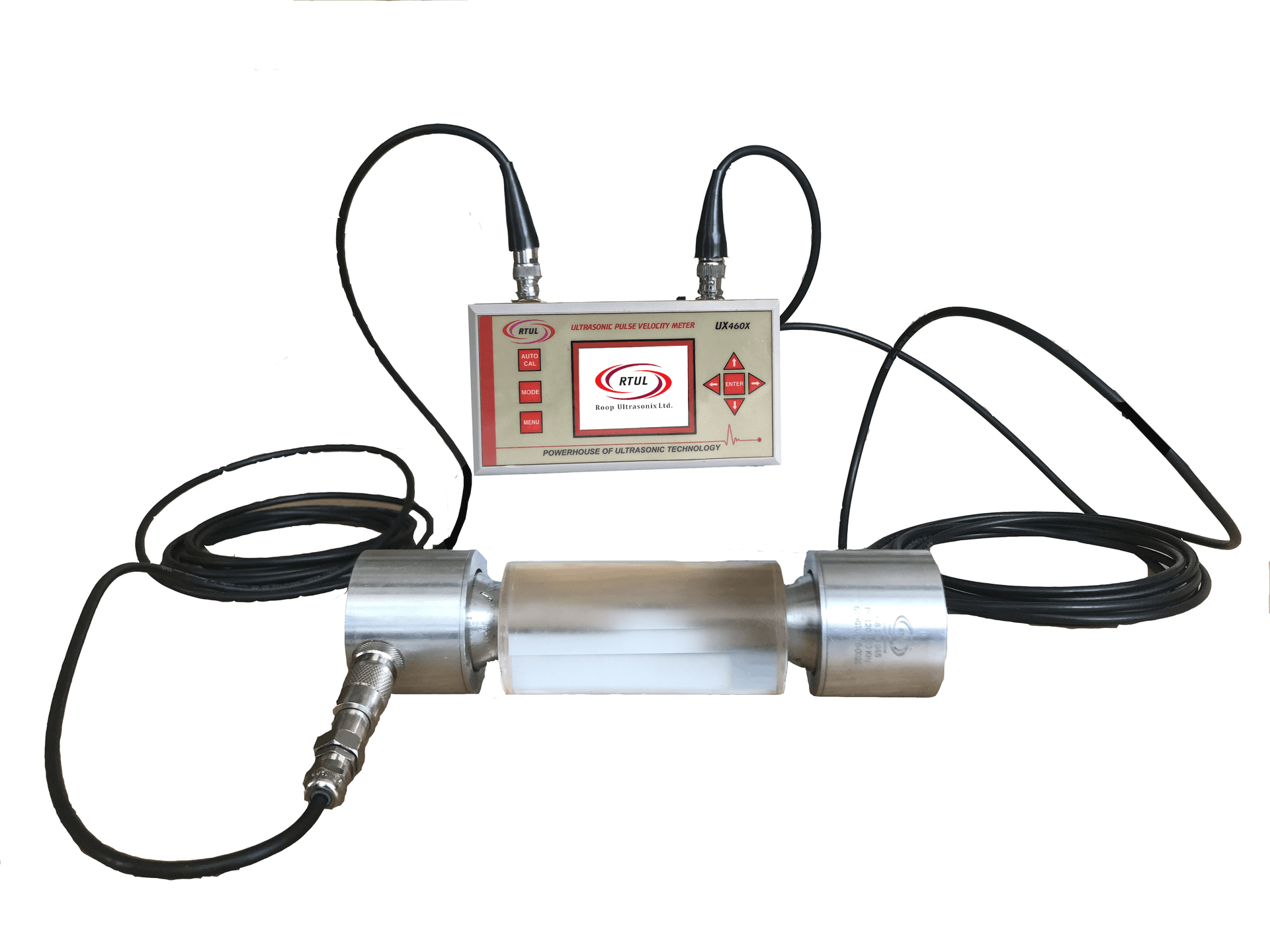 RTUL ultrasonic concrete tester with paired cabled transducers and a calibration reference. Reference equipment photograph.