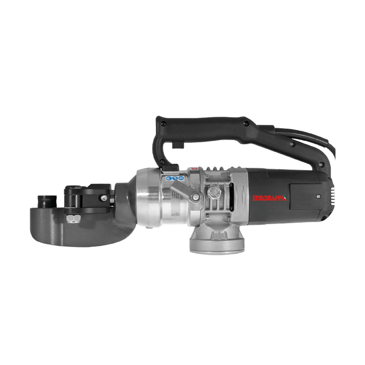 Handheld Edilgrappa hydraulic rebar bender with electric motor housing, top handle and front bending head. Reference equipment photograph.