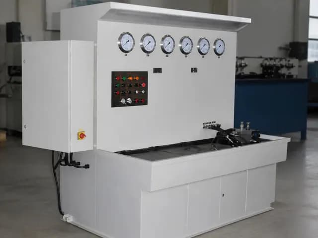 White hydraulic component test station photographed in a workshop, with multiple pressure gauges, control switches and a valve work tray. Reference equipment photograph.