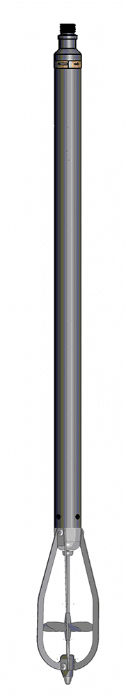 Long metal logging probe with an exposed spinner and protective cage. Reference equipment photograph.