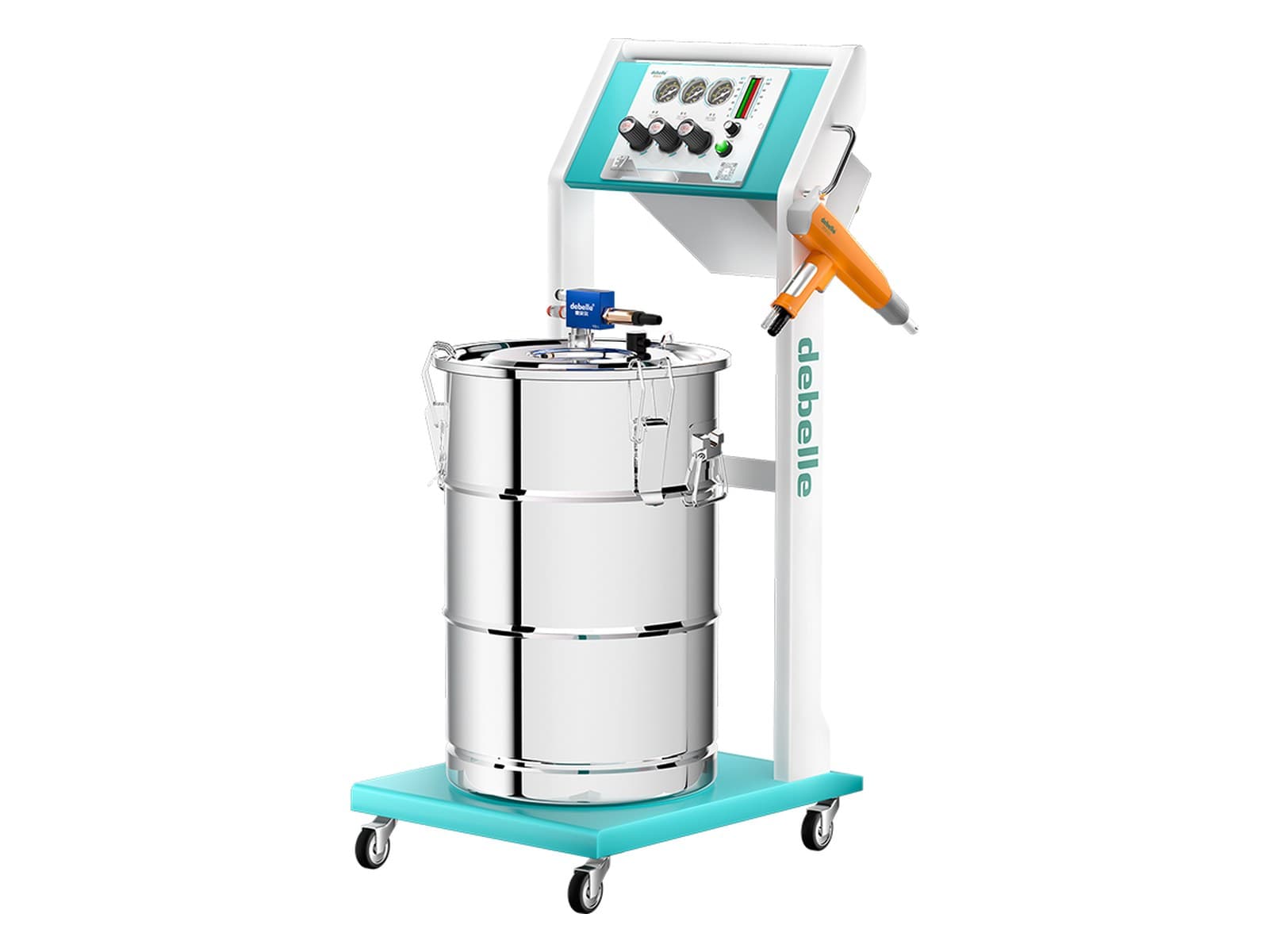 DEBELLE manual powder coating gun set with controller, hopper and mobile base. Manufacturer product illustration.