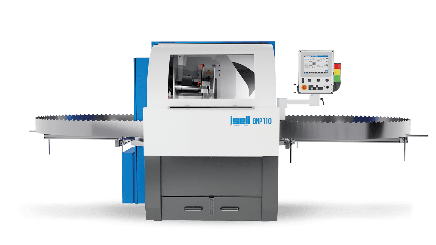 Manufacturer illustration of iSELI enclosed bandsaw blade sharpening machine with blade supports and operator panel. Manufacturer product illustration.