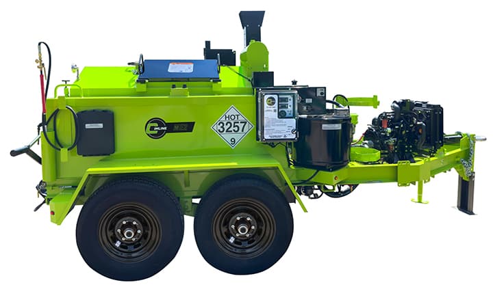 Cimline ME2 trailer-mounted mastic melter and applicator with a heated vessel and application assembly. Reference equipment photograph.