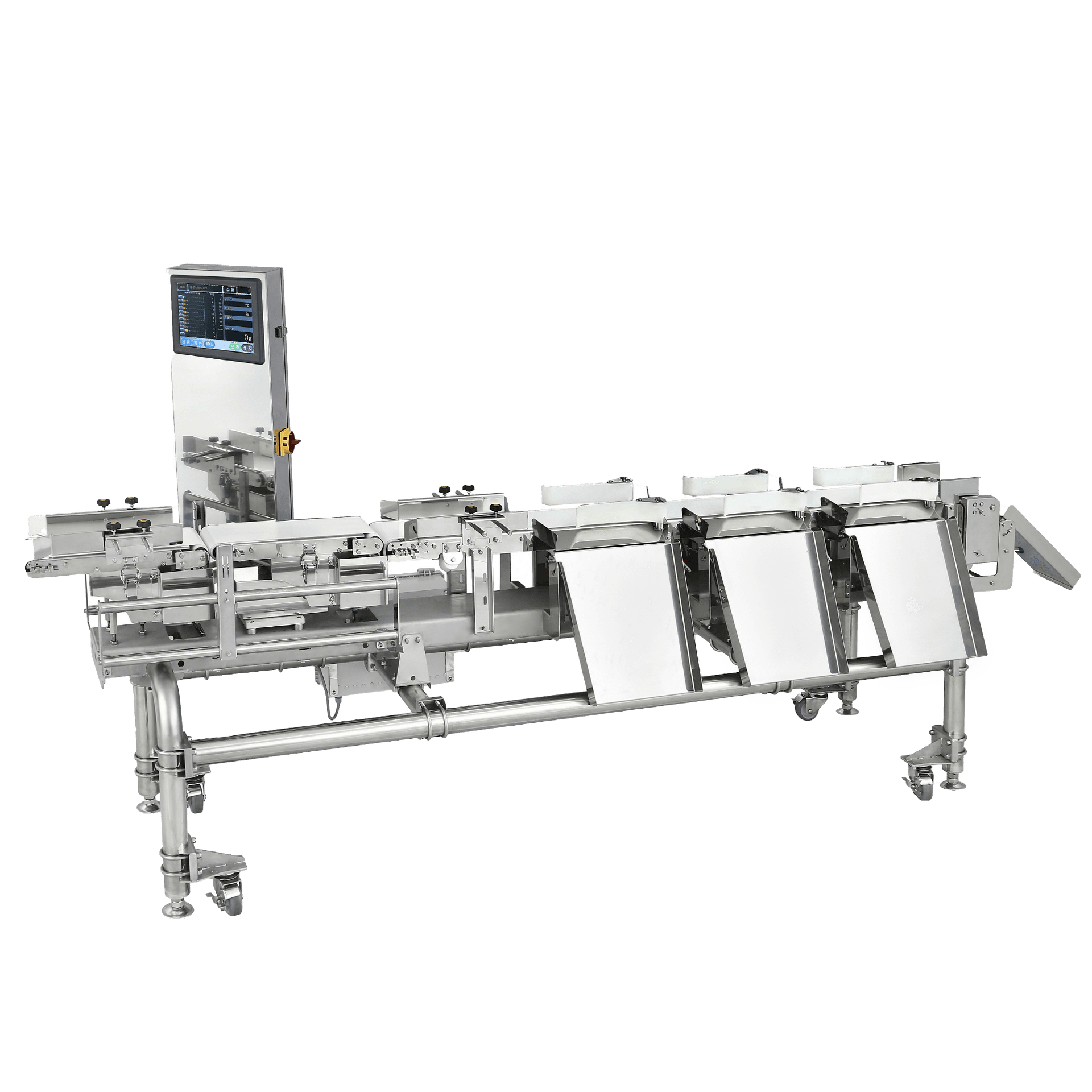DMSense D801-AWP seafood weight grader showing its weighing conveyor, control panel and multiple sorting outlets. Reference equipment photograph.