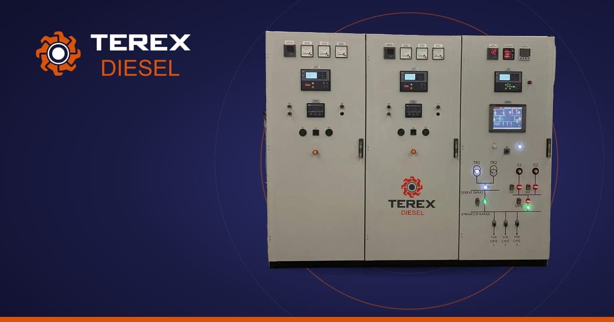 Terex Diesel generator synchronization cabinet with controls and breaker sections. Reference equipment photograph.