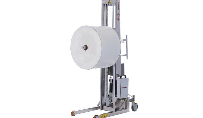 Hovmand electric trolley carrying a reel on its lifting attachment. Reference equipment photograph.
