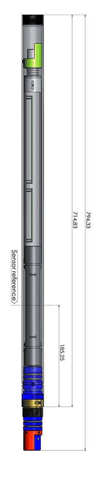 Ilustración técnica del fabricante de una sonda cilíndrica larga de desviación de sondeos, con conector y líneas de cota. Ilustración del producto del fabricante.