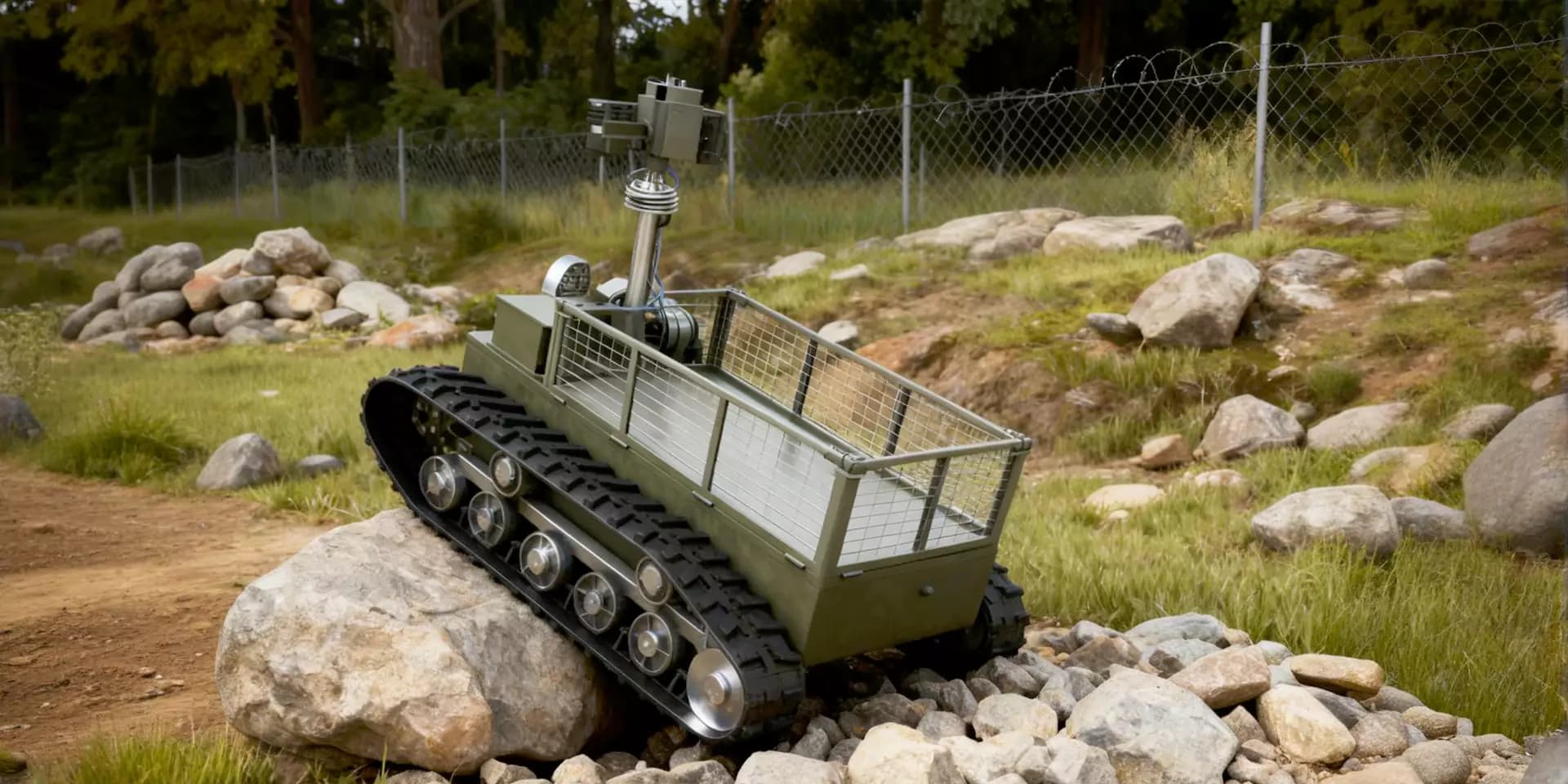 Electric tracked material carrier with a load deck on an outdoor route. Reference equipment photograph.