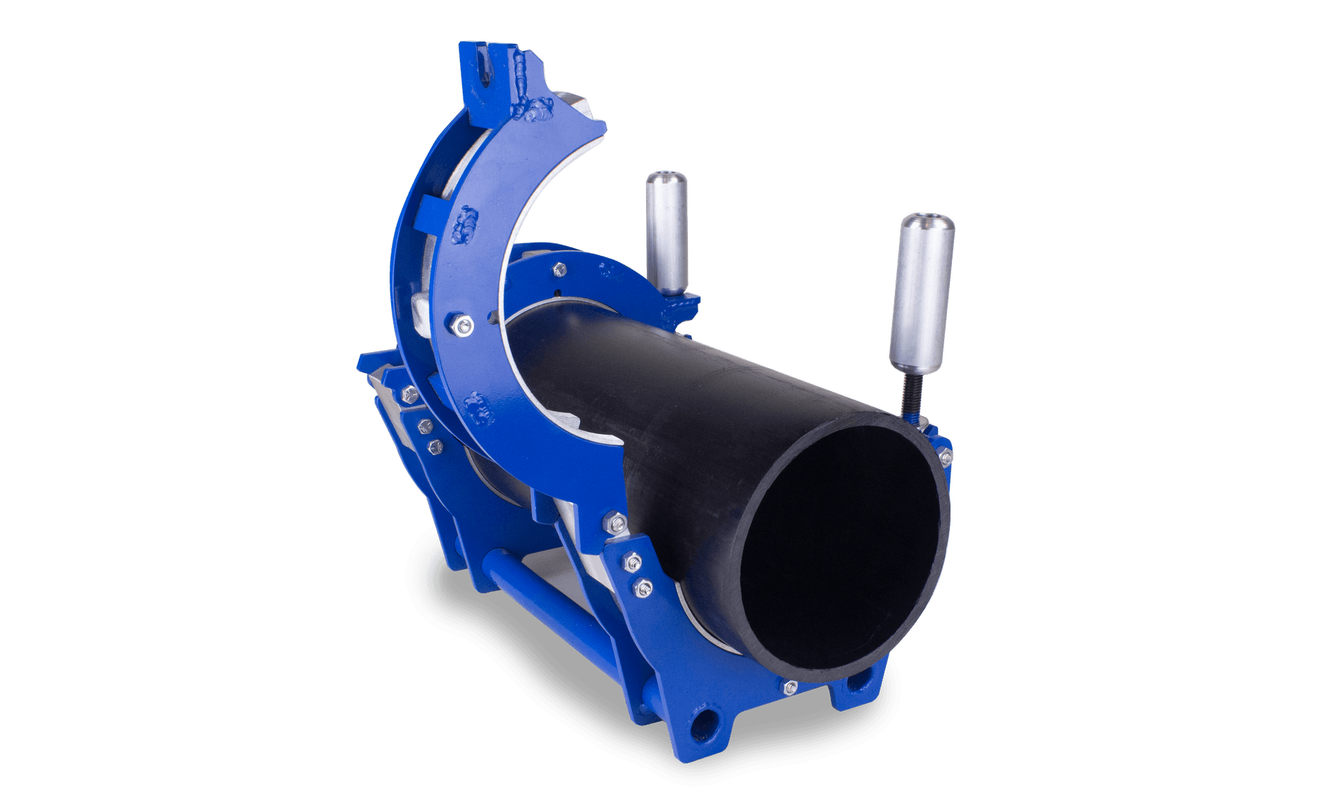 Blue multi-ring pipe clamp holding a black PE pipe section. Reference equipment photograph.