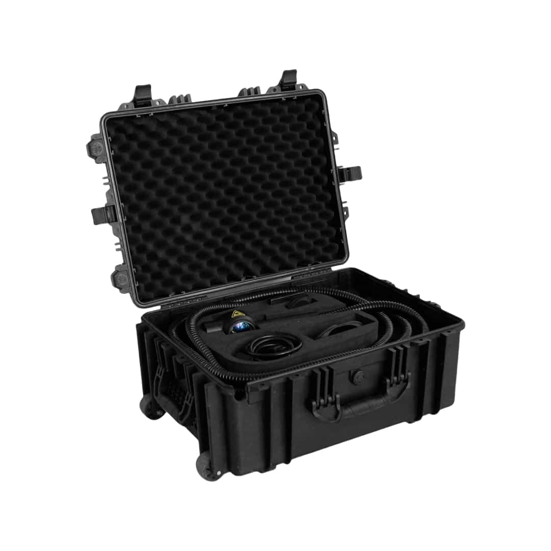 Portable laser cleaning kit with open carry case and connected handheld head. Reference equipment photograph.