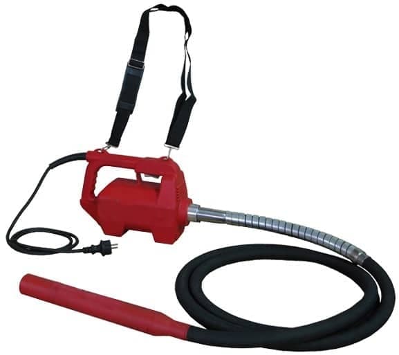 Concrete poker vibrator with a red drive unit, flexible shaft and metal vibrating head. Reference equipment photograph.