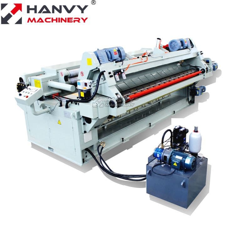 Hanvy rotary veneer peeling machine with log feed rollers, peeling knife area and separate hydraulic unit. Reference equipment photograph.