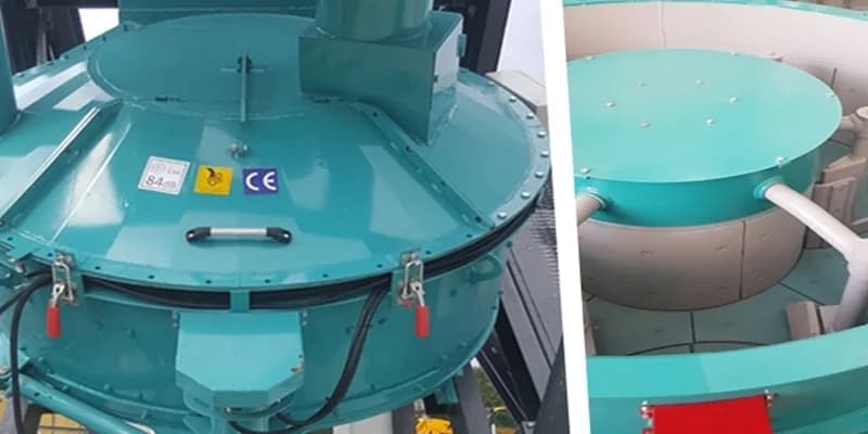 CONSTMACH pan mixer photographed with its interior mixing tools. Reference equipment photograph.