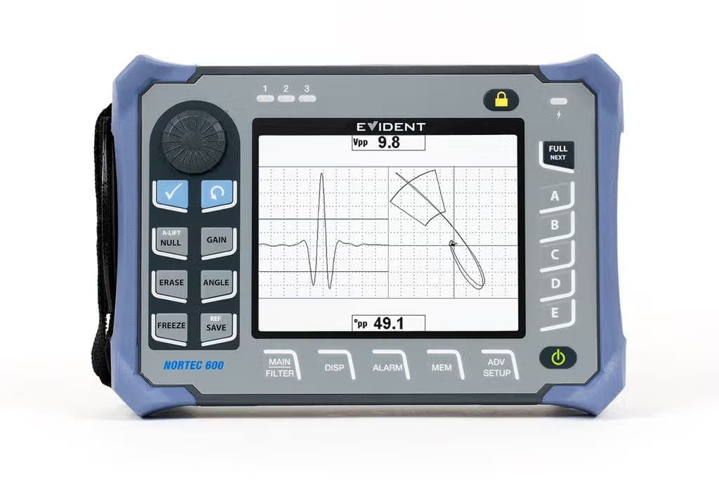 Evident NORTEC 600 eddy-current flaw detector with its display and control panel. Reference equipment photograph.
