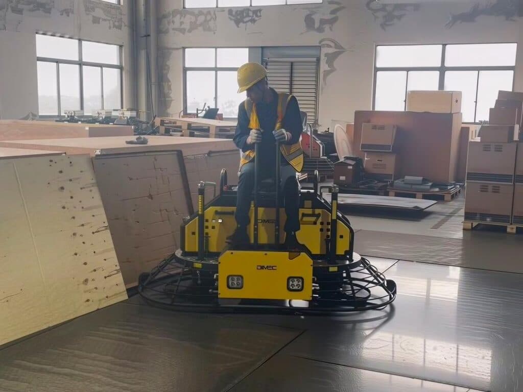 Operator seated on a yellow twin-rotor power trowel inside a building under construction. Reference equipment photograph.