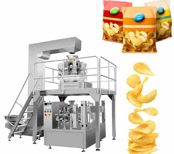Manufacturer illustration of mACHRISE multihead weighing and vertical bagging configuration with an elevated weighing unit and access platform. Manufacturer product illustration.