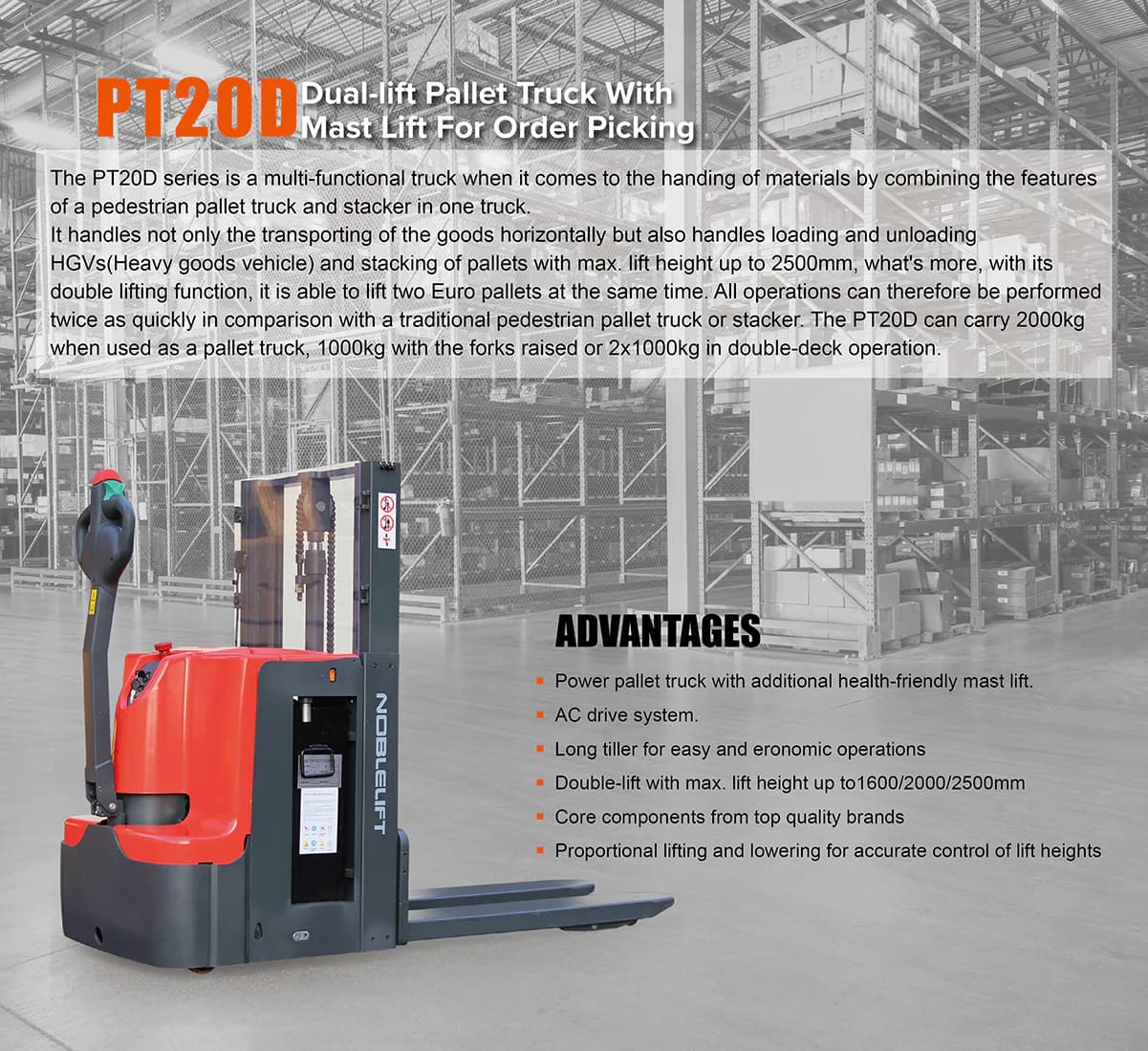 Official PT20D feature board: 2000 kg transport and 1000 kg raised-fork duties are distinct; confirm exact mast.