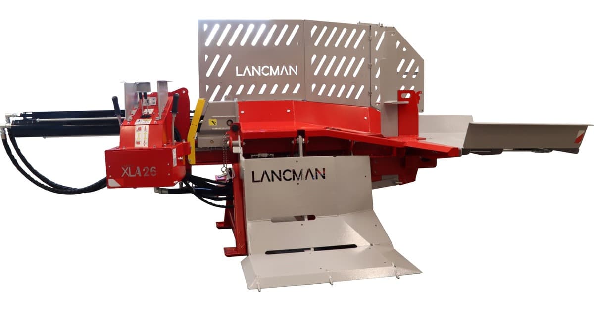 Manufacturer illustration of lANCMAN horizontal hydraulic log splitter with its log support, ram, splitting tooling and hydraulic hoses. Manufacturer product illustration.