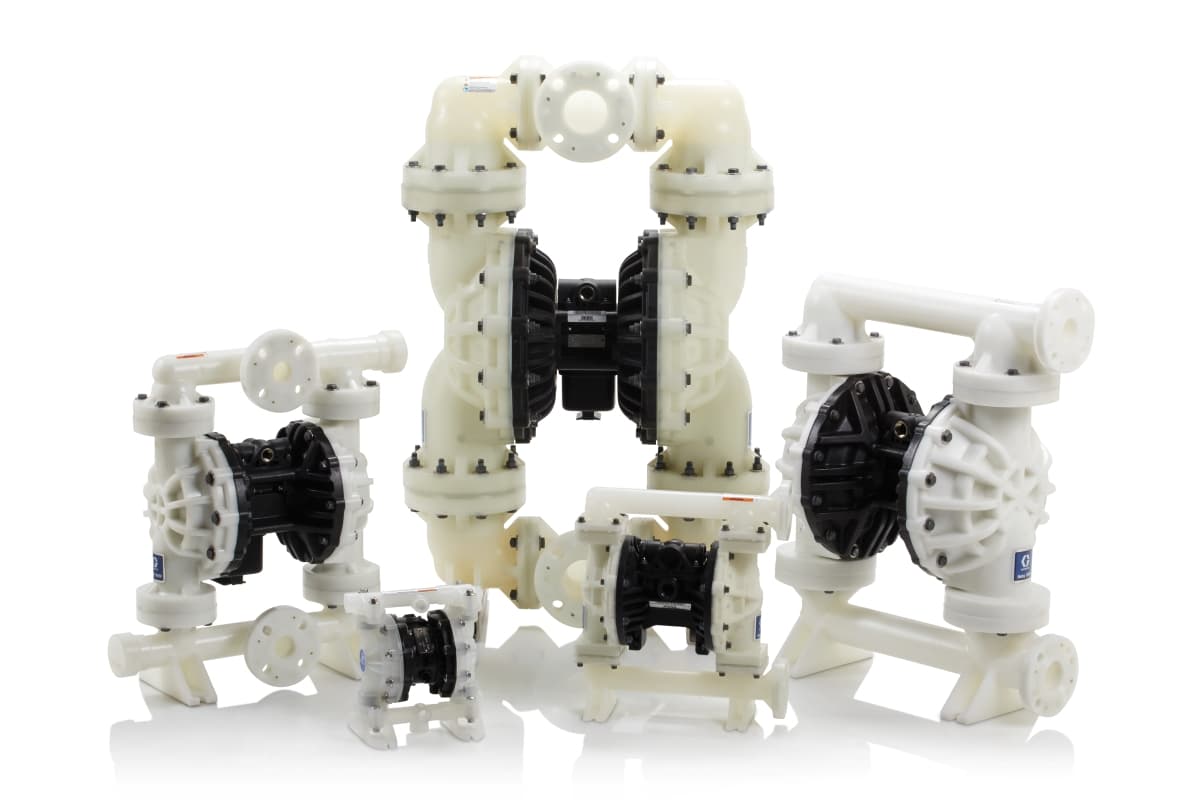 Manufacturer product photograph of several Husky air-operated double-diaphragm pumps with paired diaphragm housings, central air motor and fluid manifolds. Reference equipment photograph.