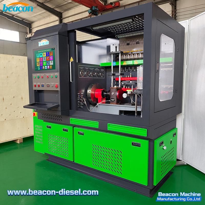 Green and black diesel test cabinet with a driven common rail pump fixture and measurement channels. Reference equipment photograph.