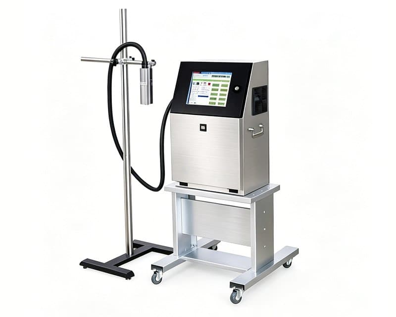 Metal inkjet coding cabinet with touchscreen on wheeled stand, connected hose and printhead mounted on a separate adjustable support. Reference equipment photograph.