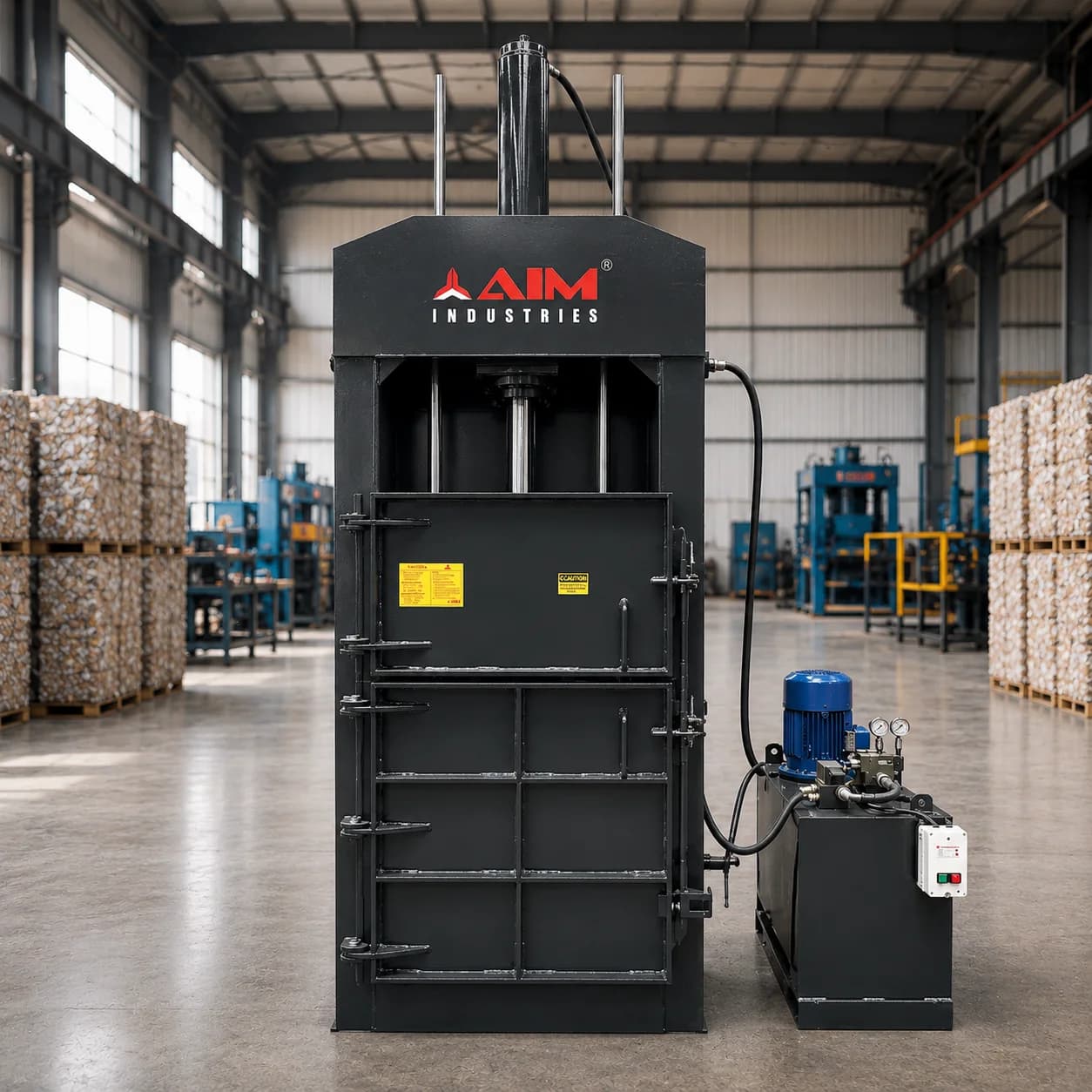 AIM hydraulic waste-paper baler with a vertical pressing chamber, control panel and hydraulic unit. Reference equipment photograph.