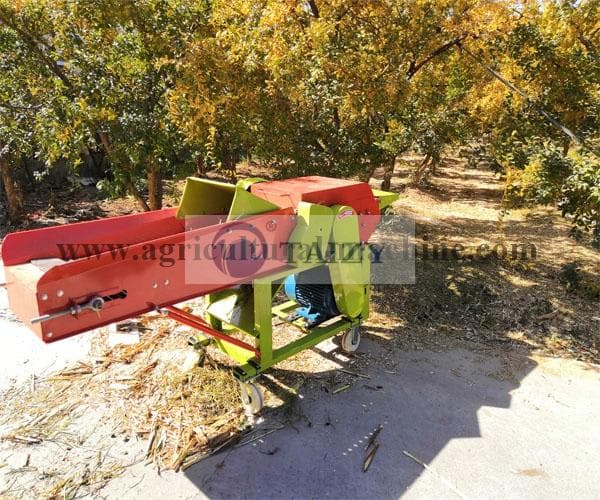 Red and green chaff cutter photographed outdoors, with a long feed tray, covered cutting assembly and discharge chute; original Shuliy watermark retained. Reference equipment photograph.