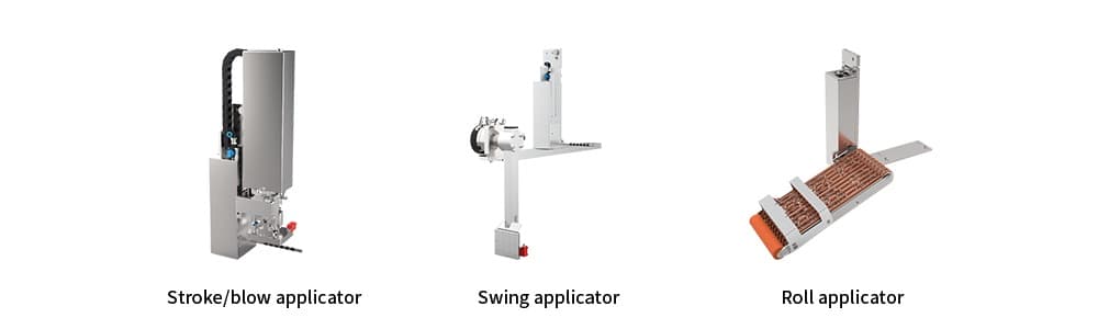 iDPRT PA4 manufacturer product presentation of tamp, swing and roll label applicator options. Manufacturer product illustration.
