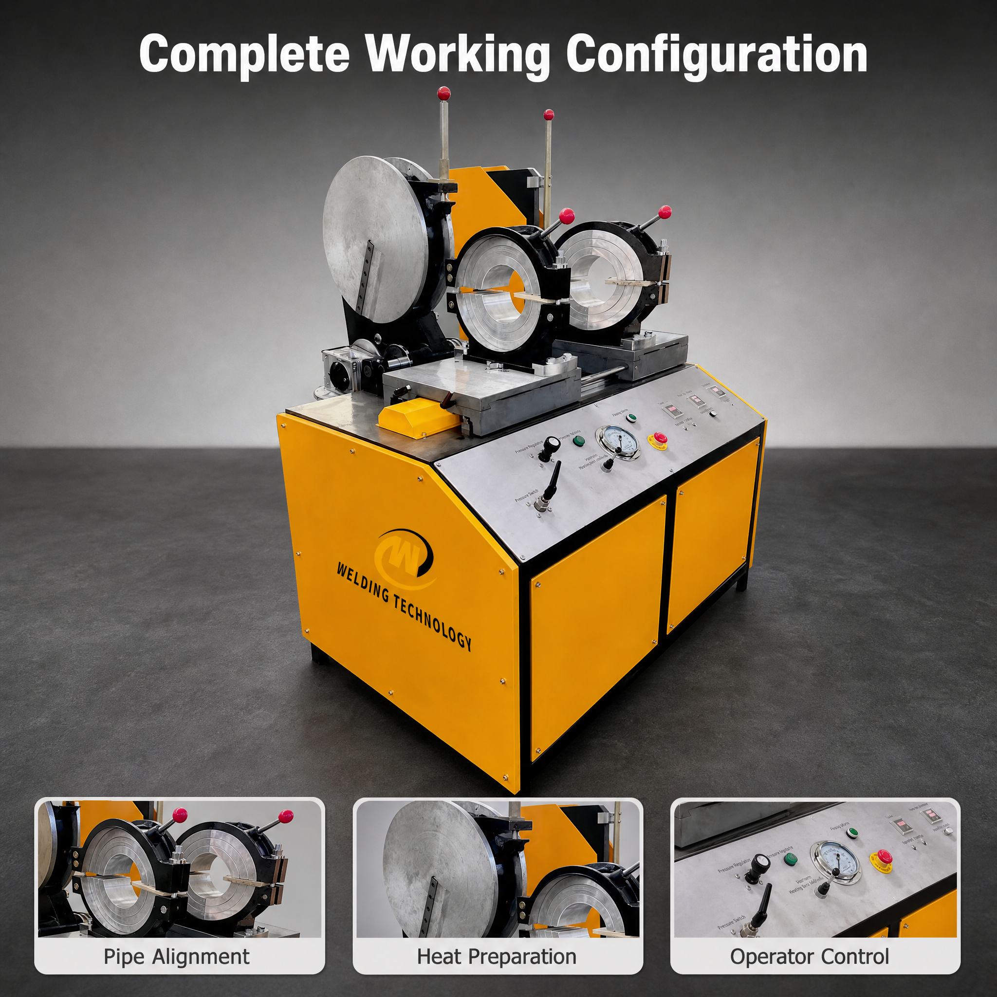 Manufacturer collage highlighting workshop fitting-machine clamps, heater and controls