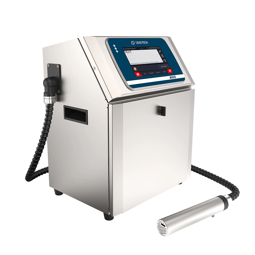 Manufacturer LT800 product illustration with cabinet, touchscreen and connected printhead.