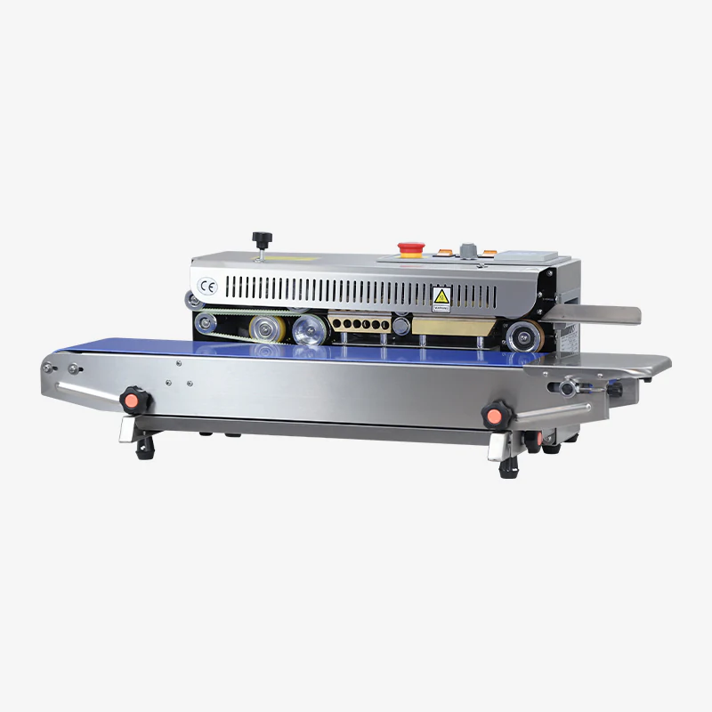 Angled FRB-770I horizontal band sealer with blue conveyor and sealing belts