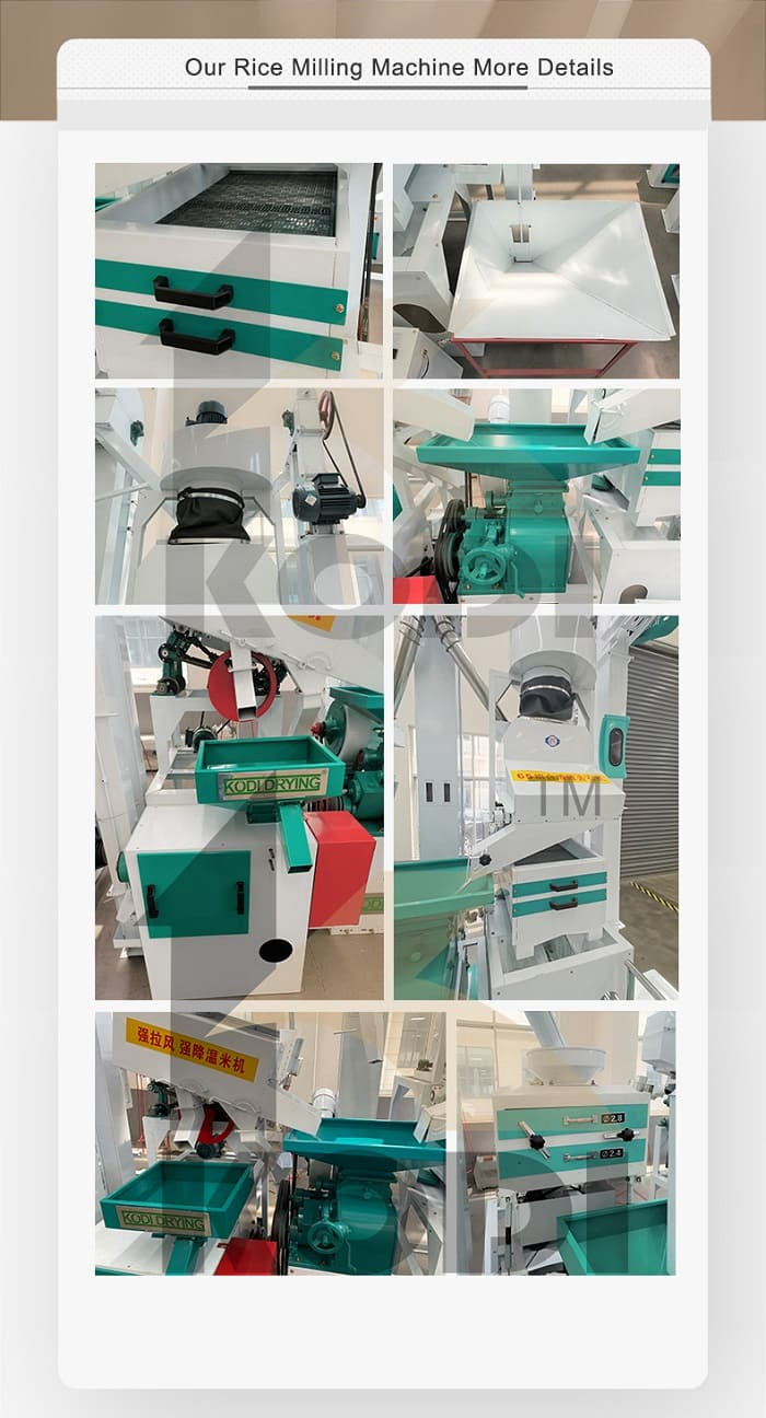 Manufacturer collage of rice-mill drive, hulling, separation and control details
