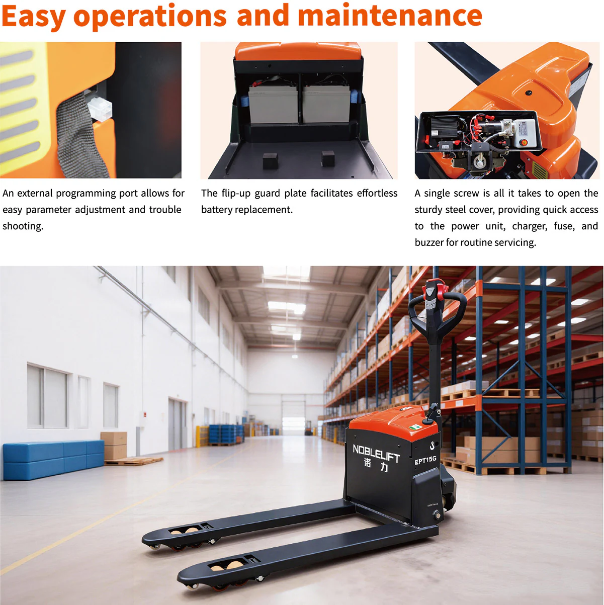 EPT15G official battery/service-access sheet and truck photograph.