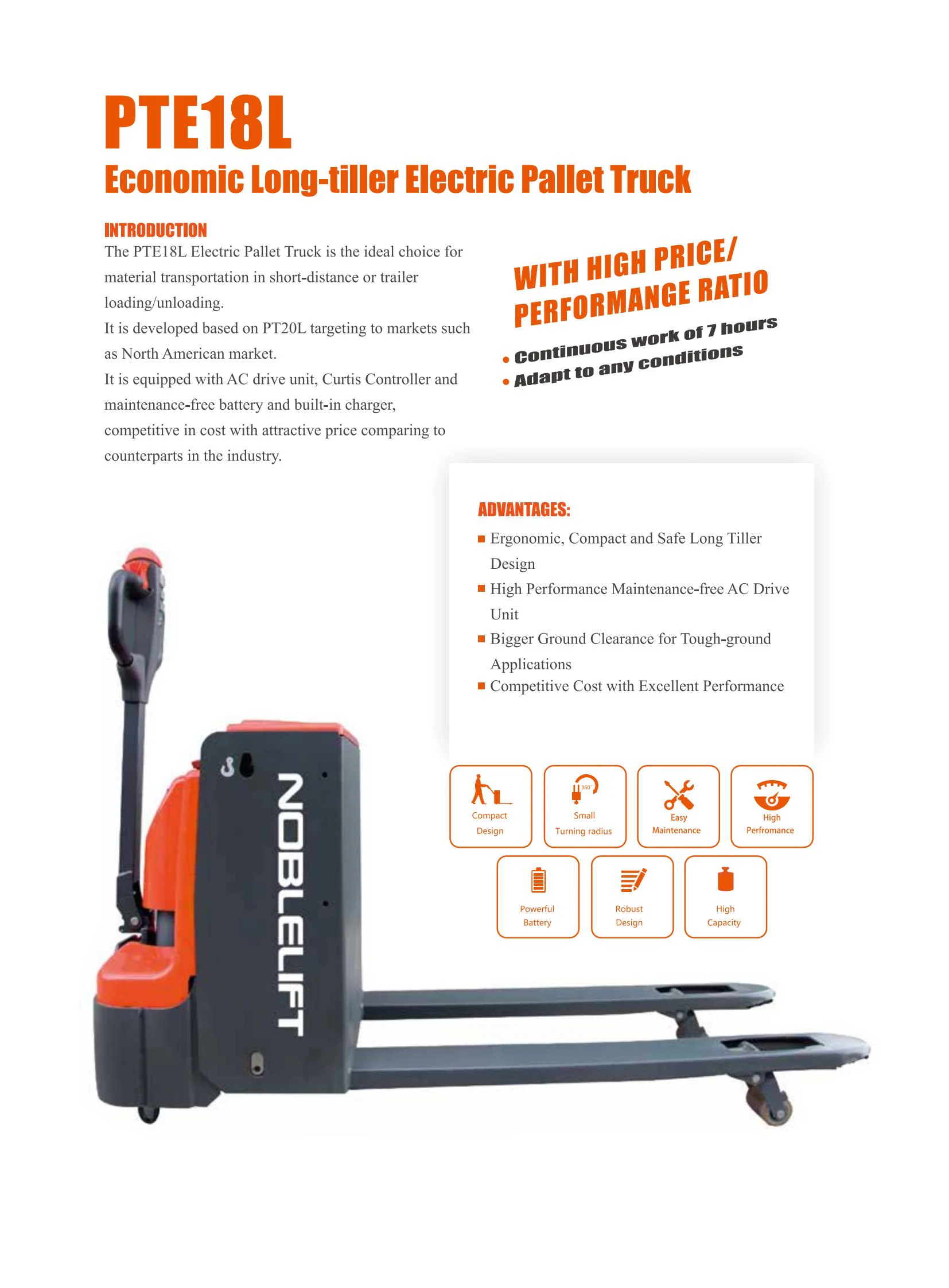 NOBLELIFT PTE18L model-labelled manufacturer feature sheet with whole-truck view.