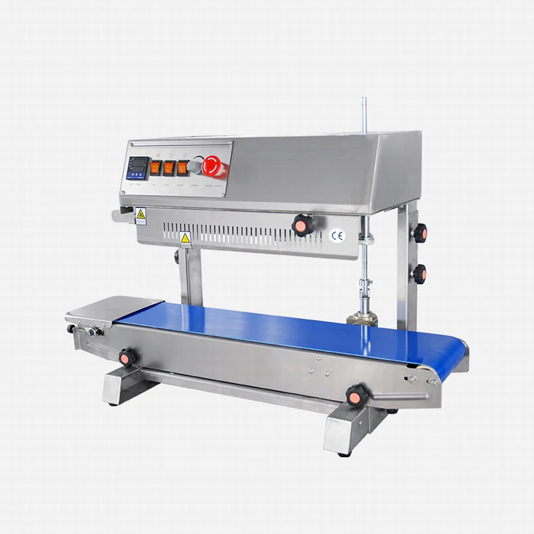 Angled view of the Hualian FR-770II band sealer showing sealing-height adjustment and the conveyor frame