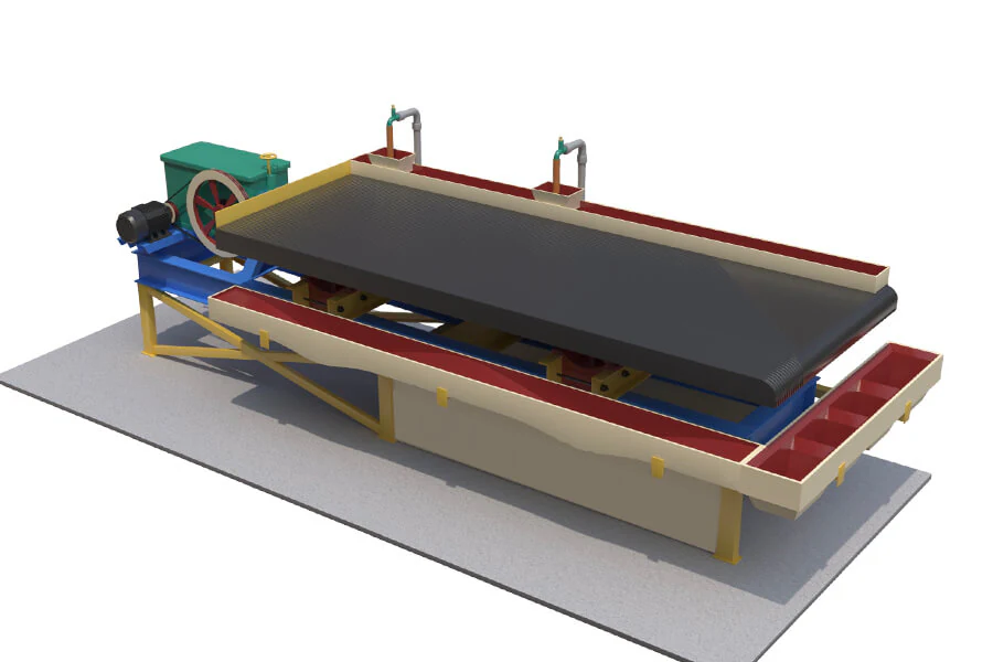 Manufacturer illustration showing shaking-table deck, drive, water channels and frame