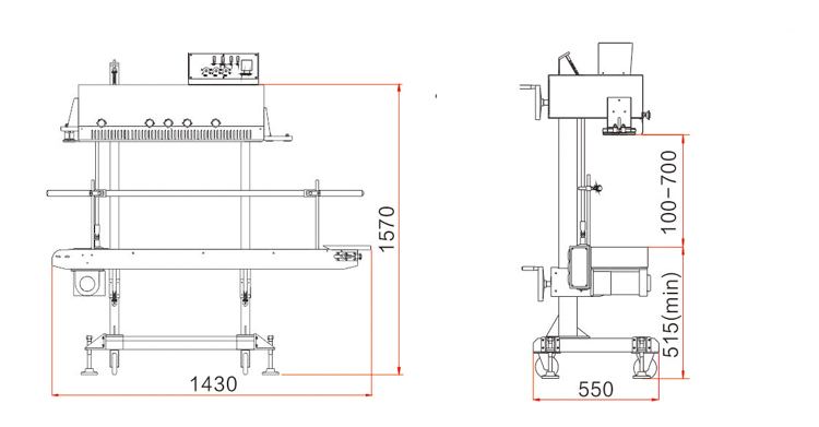 FRM-1120LD manufacturer dimension drawing showing conveyor and sealing-head arrangement