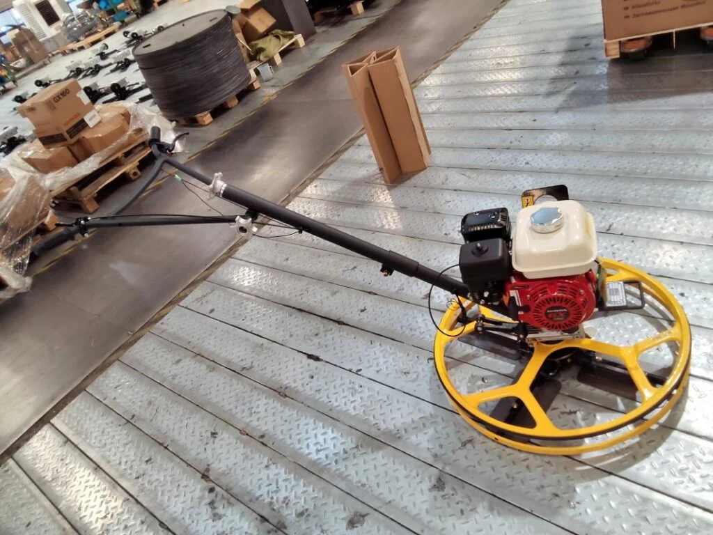 DIMEC PME-S80 trowel with yellow guard ring, petrol engine and long handle