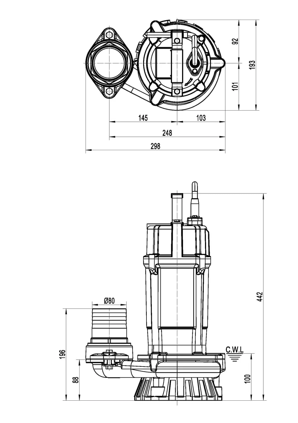 MEUDY FSM31.5 dimension drawing showing plan and elevation, 80 mm outlet and water-level reference