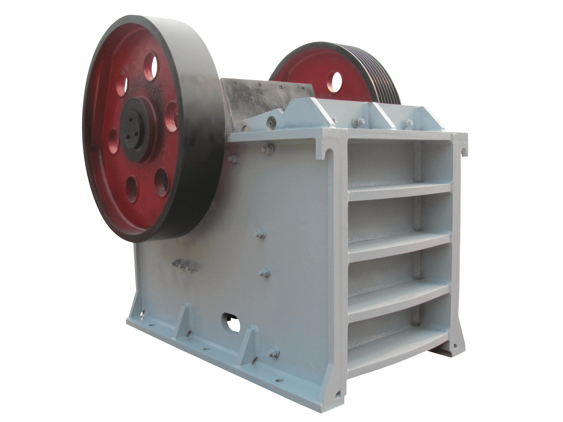 Front angled view of the PE-family jaw-crusher body and flywheels