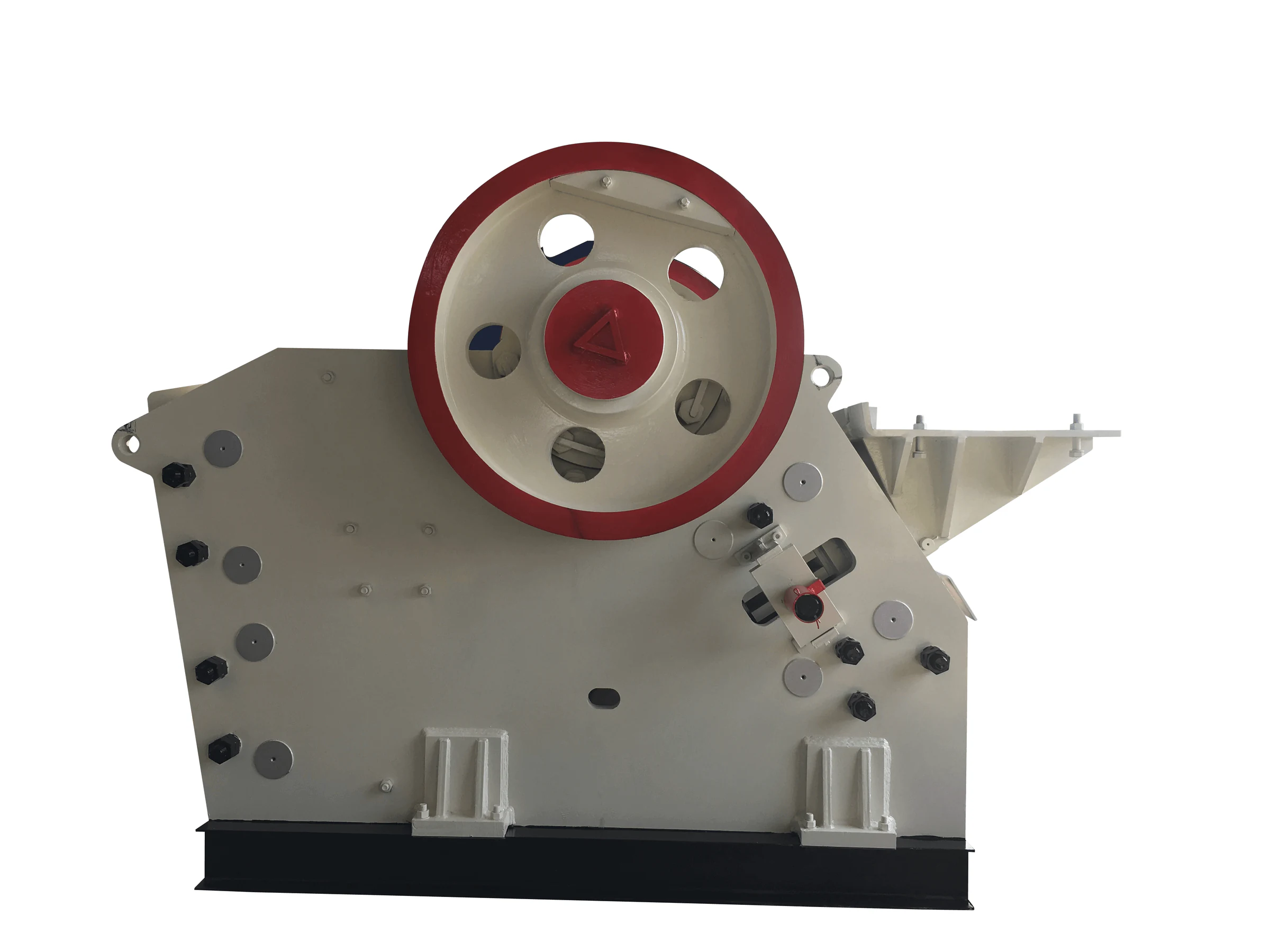 Side view of a JXSC PE-family jaw crusher showing flywheel and frame
