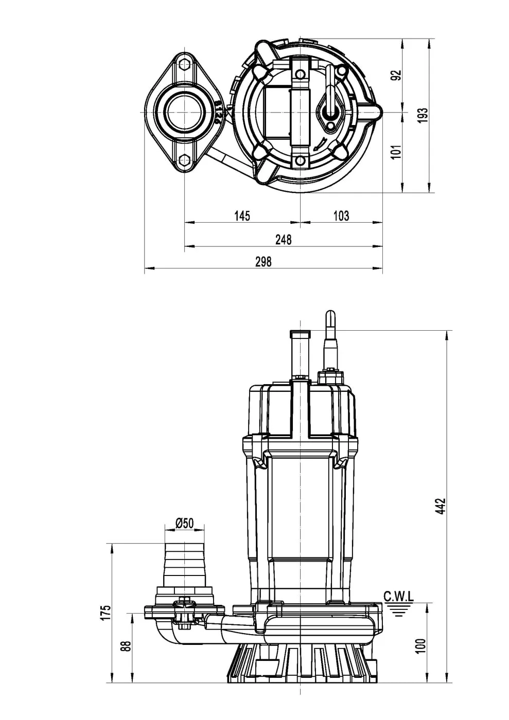 FSM21.5 outline drawing showing top and side dimensions and 50 mm outlet